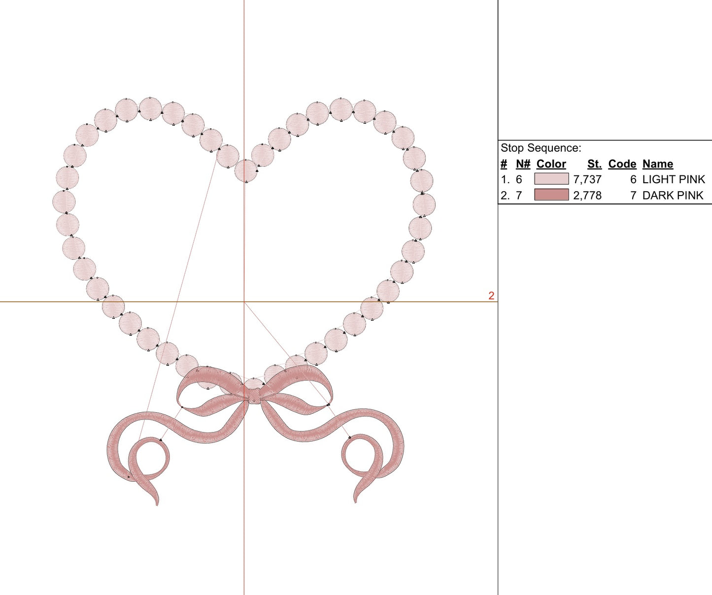 Valentines Bead Heart with Flowy Bow Digital Machine Embroidery File- Download- 5 SIZES