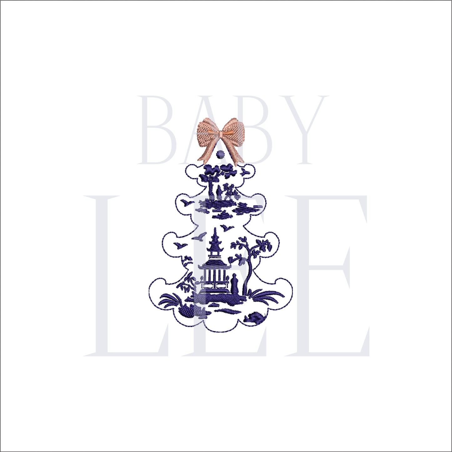 Chinoiserie Print Christmas Tree with Bow Digital Machine Embroidery File- 4 SIZES