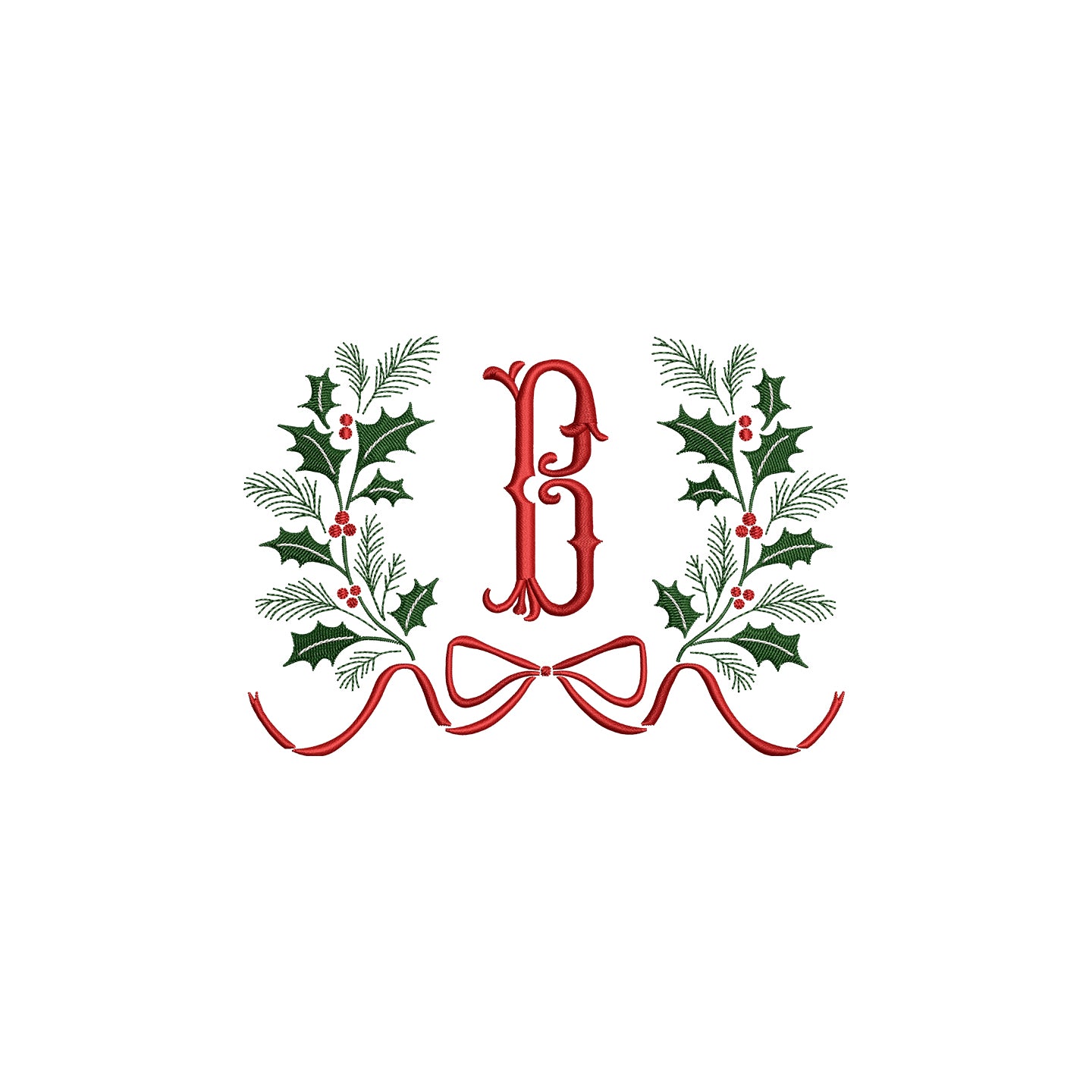 Christmas Floral Wreath with Flowy Bow Digital Machine Embroidery File- Download- 5 SIZES