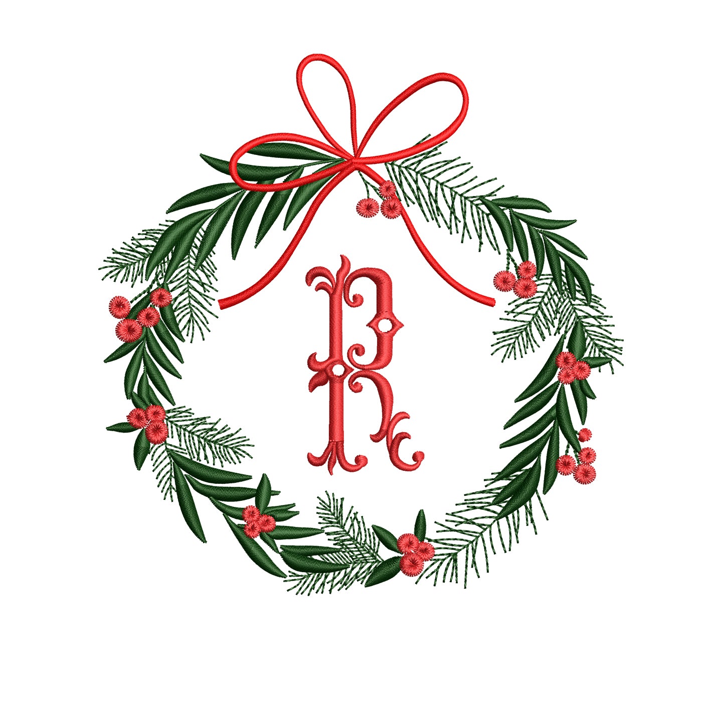 Christmas Holidays Wreath with Bow and Berries Digital Machine Embroidery File- Download- 3 SIZES