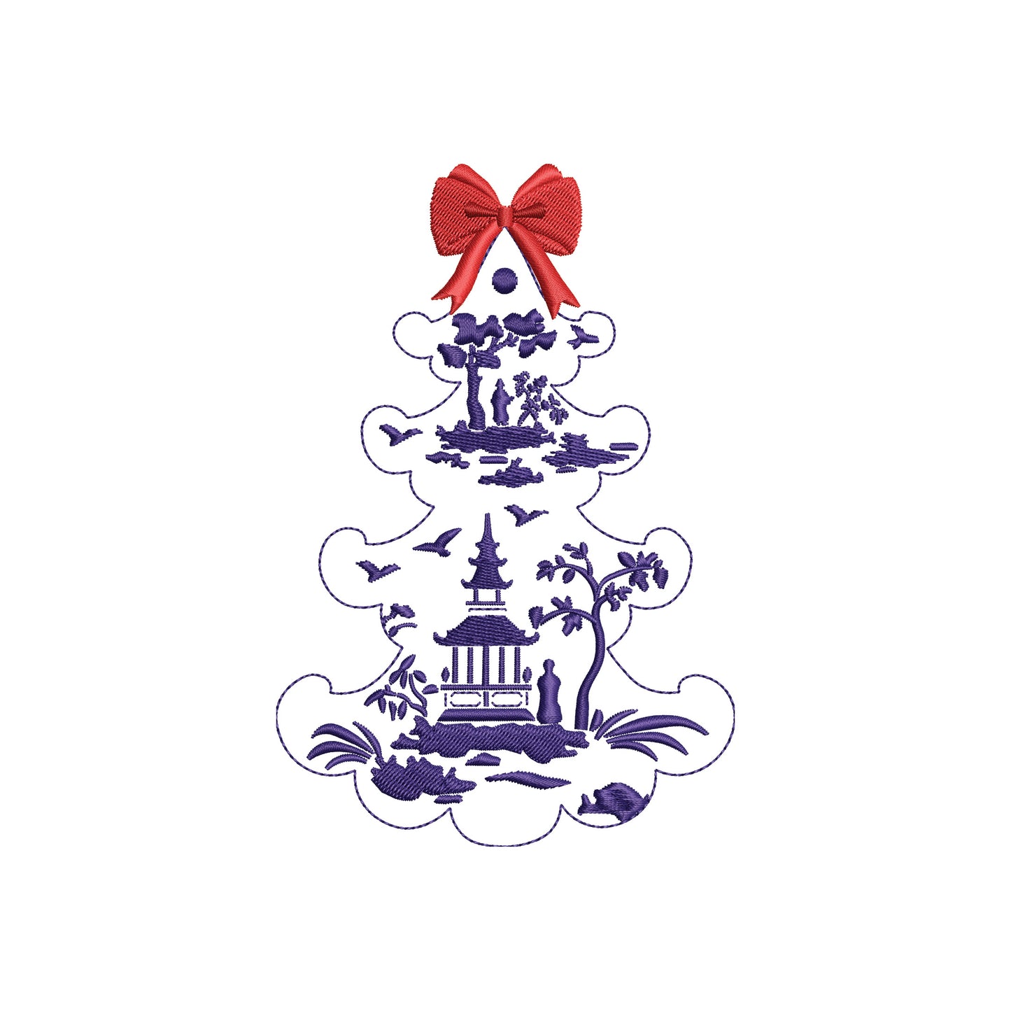 Chinoiserie Print Christmas Tree with Bow Digital Machine Embroidery File- 4 SIZES