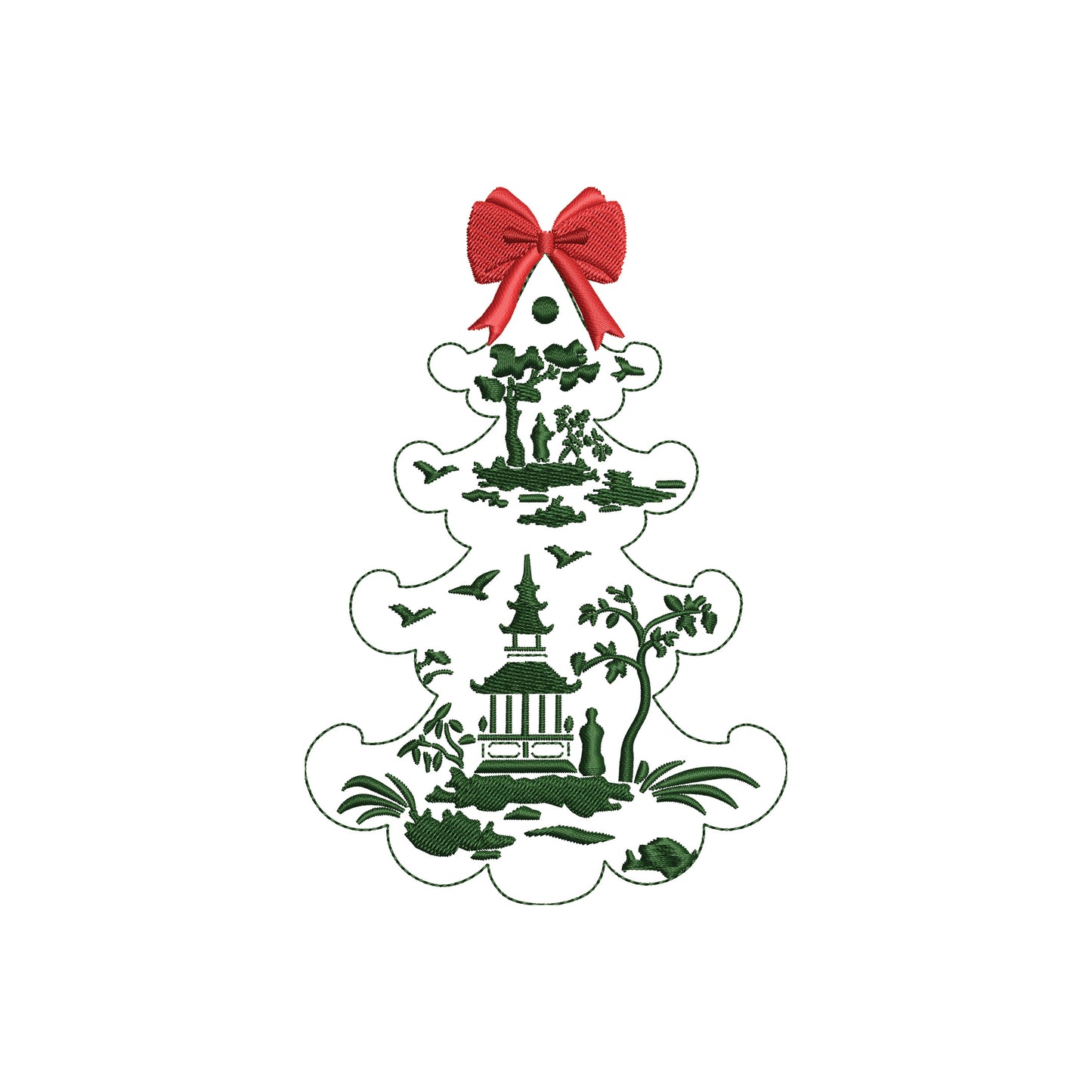 Chinoiserie Print Christmas Tree with Bow Digital Machine Embroidery File- 4 SIZES