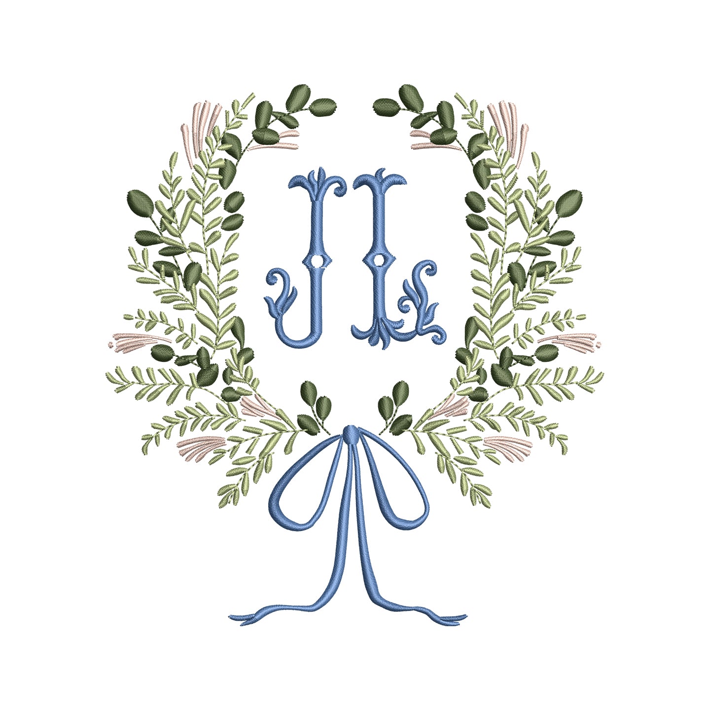 Monogram Frame Leaf Wreath with Flowy Bow Digital Machine Embroidery File- Download- 5 SIZES