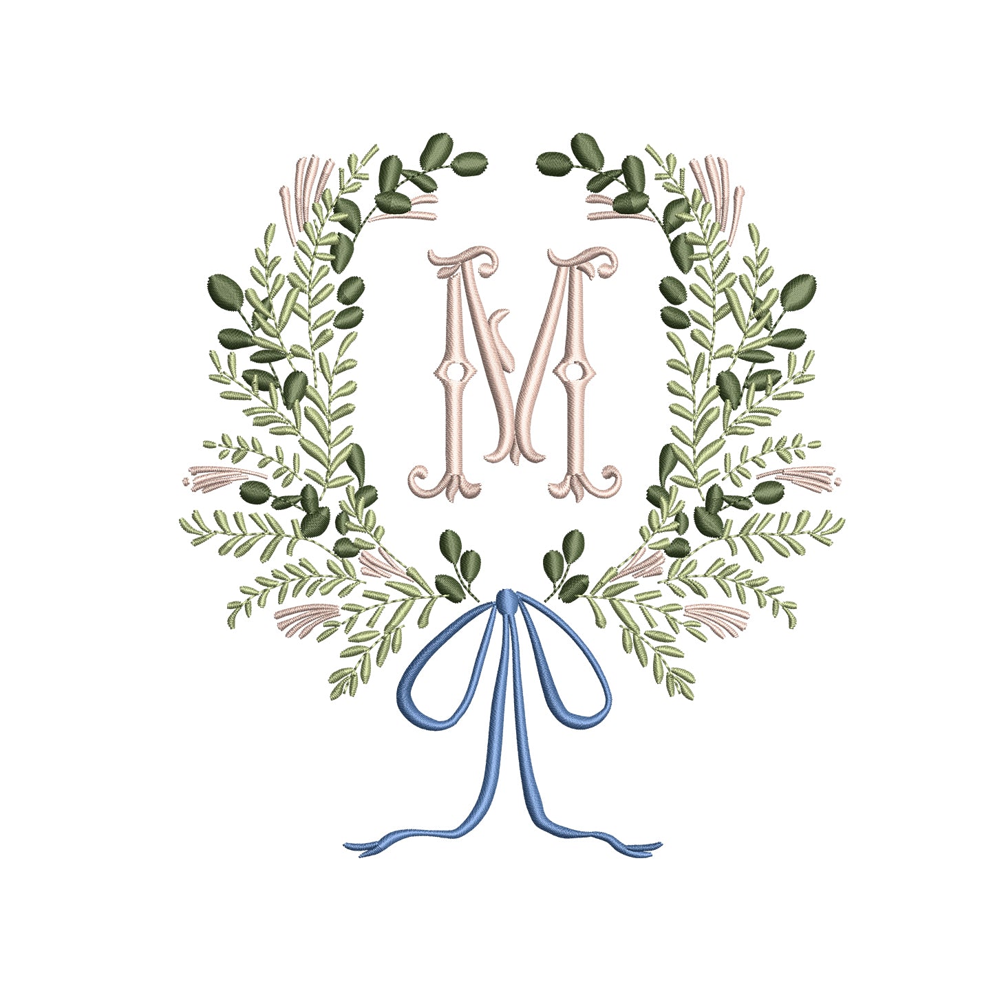 Monogram Frame Leaf Wreath with Flowy Bow Digital Machine Embroidery File- Download- 5 SIZES