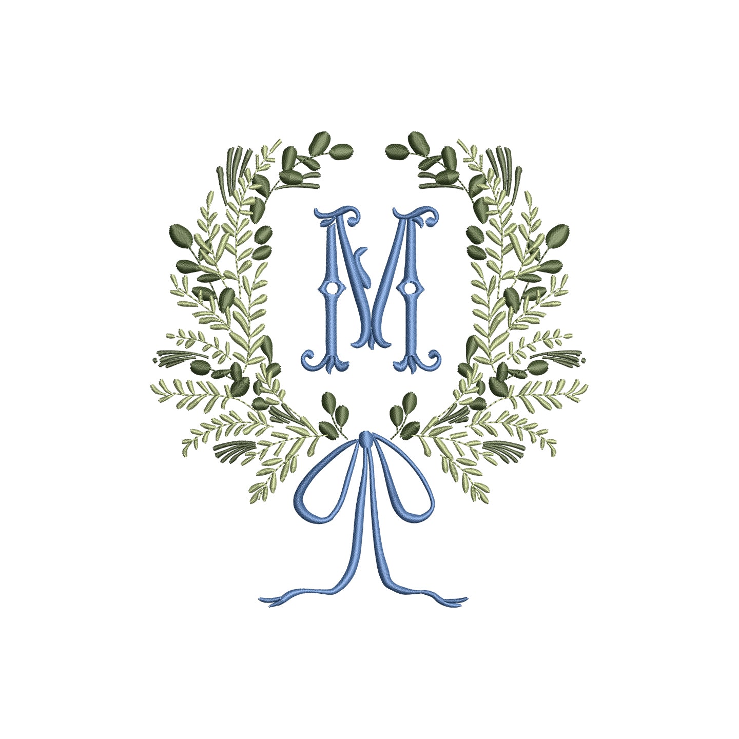 Monogram Frame Leaf Wreath with Flowy Bow Digital Machine Embroidery File- Download- 5 SIZES