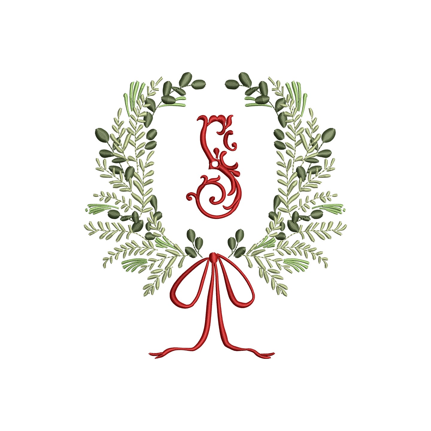 Monogram Frame Leaf Wreath with Flowy Bow Digital Machine Embroidery File- Download- 5 SIZES