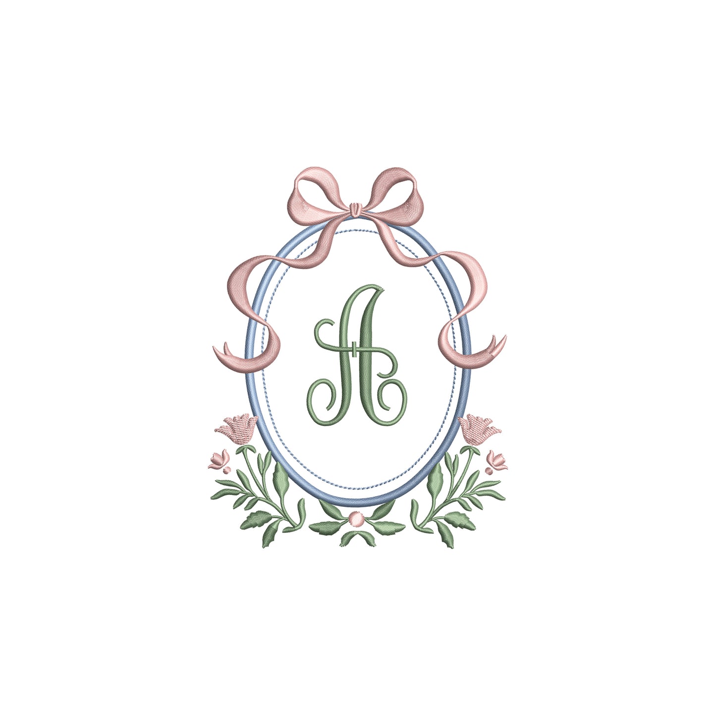 Floral Oval Frame with Flowy Bow Digital Machine Embroidery File- Download- 5 SIZES