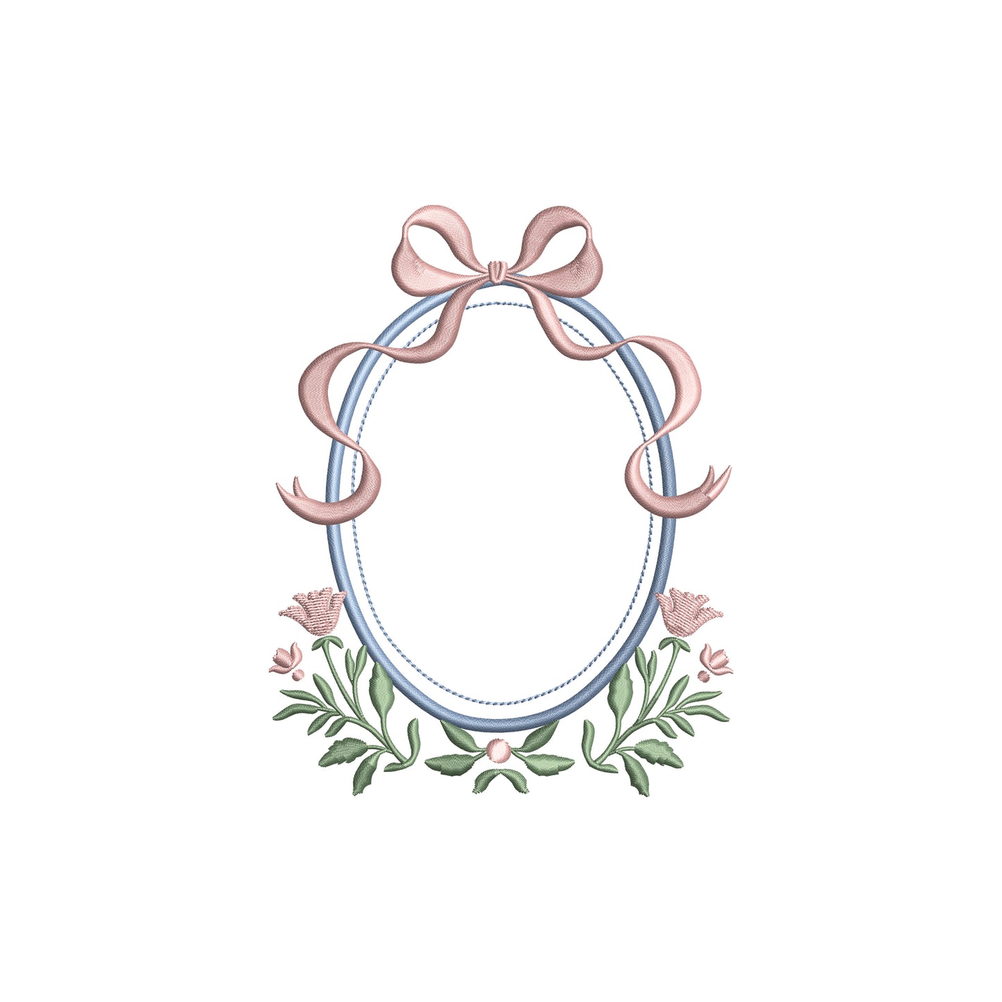 Floral Oval Frame with Flowy Bow Digital Machine Embroidery File- Download- 5 SIZES