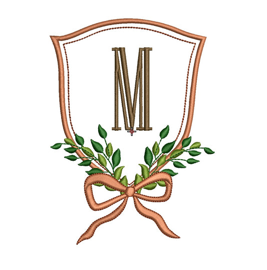 Crest with Flowy Bow and Leaves Digital Machine Embroidery File- Instant Download-5 SIZES-DGT, DST, EXP, HUS, JEF, PCS, PES, SEW, VP3 and XXX.
