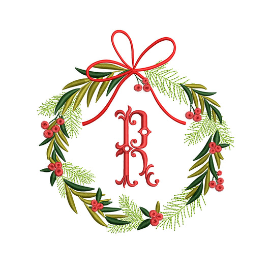 Christmas Holidays Wreath with Bow and Berries Digital Machine Embroidery File- Download- 3 SIZES