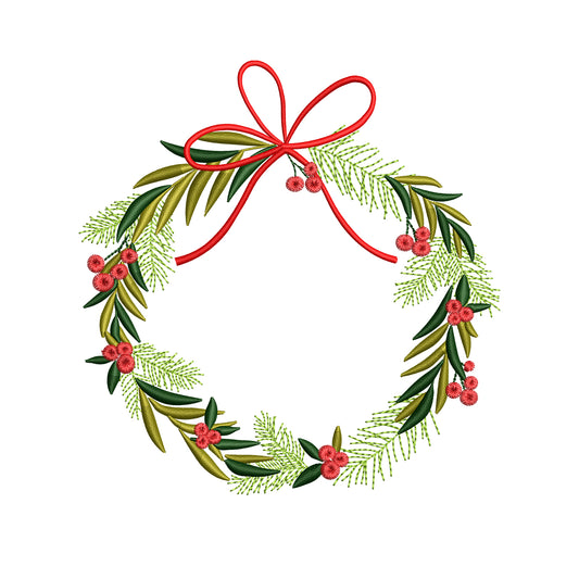 Christmas Holidays Wreath with Bow and Berries Digital Machine Embroidery File- Download- 3 SIZES