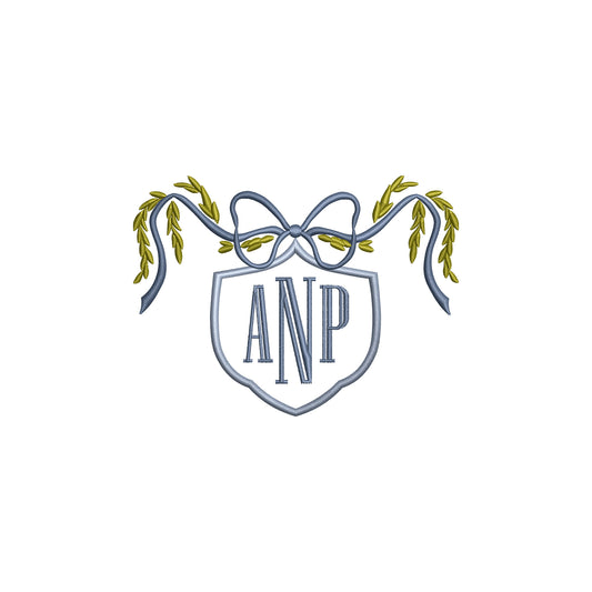 Vintage Floral Crest with Flowy Bow and Garland Digital Machine Embroidery File- Download-5 SIZES-DST, DGT, JAN, JEF, SEW, EXP, ART, PES, VP3, HUS, PCS, and XXX.