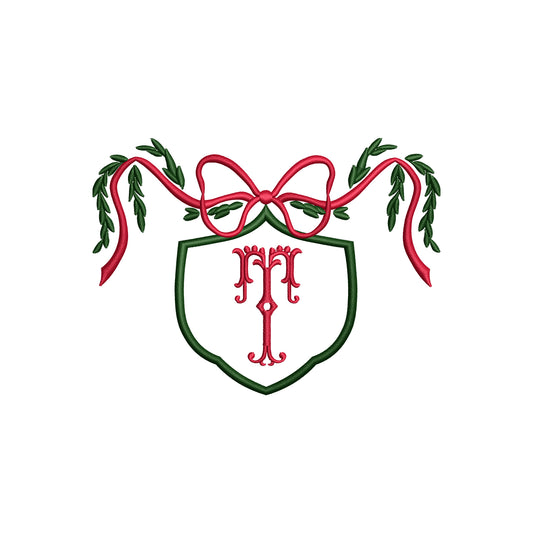 Vintage Floral Crest with Flowy Bow and Garland Digital Machine Embroidery File- Download-5 SIZES
