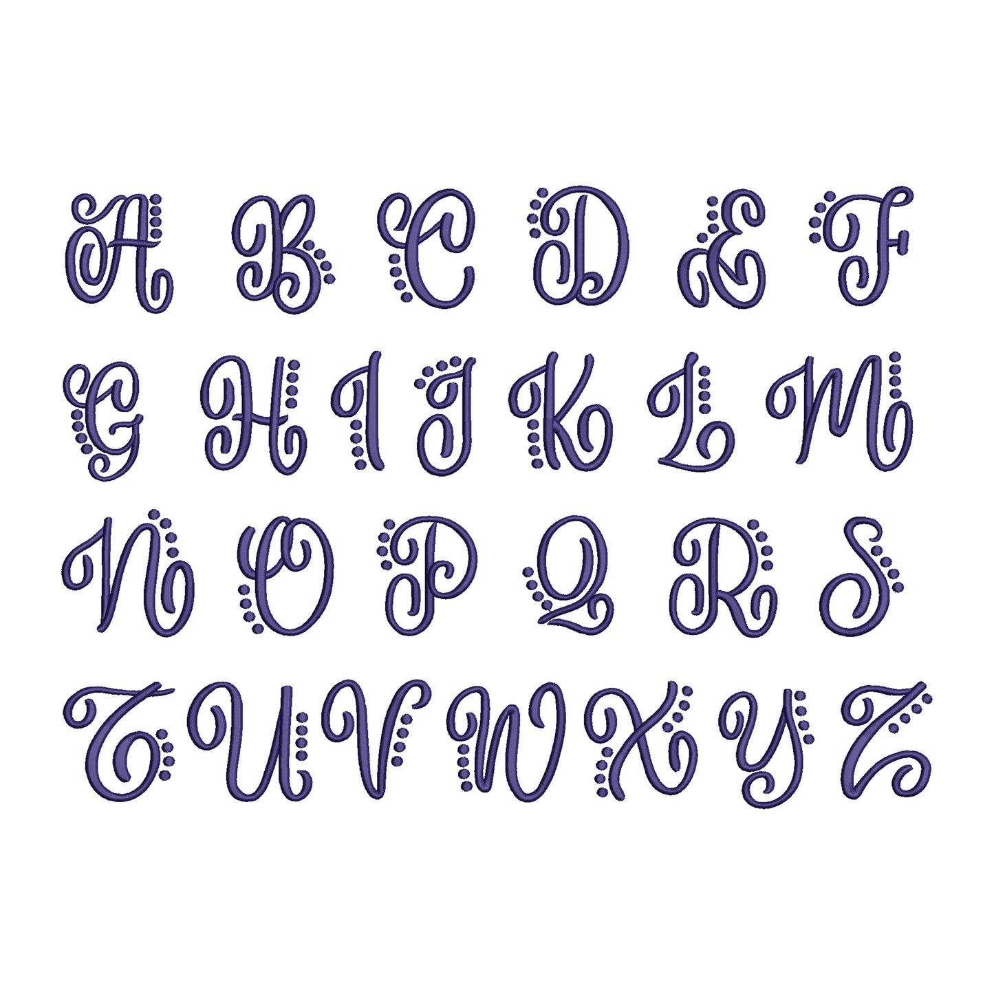 EMBROIDERY FONTS- Cursive Dot Monogram Font Digital Machine Embroidery File- Baby Lee Embroidery Design- Instant Download- 3 SIZES-HUS, SEW, XXX, DST, DGT, VP3, JEF, PES, EXP, and PCS.