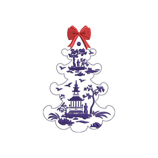 Chinoiserie Print Christmas Tree with Bow Digital Machine Embroidery File- 4 SIZES