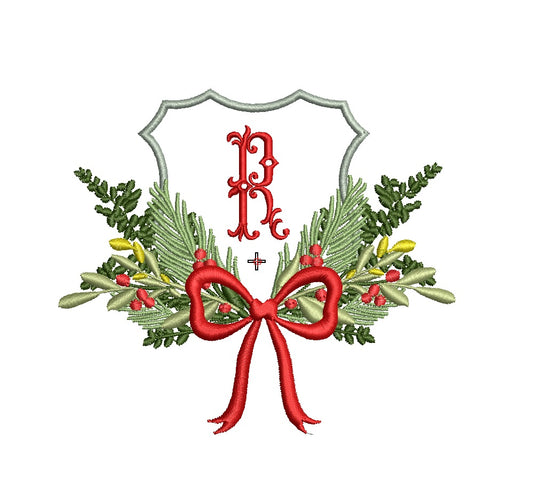 Christmas Floral Vintage Crest with Flowy Bow Digital Machine Embroidery File- Download-4 SIZES
