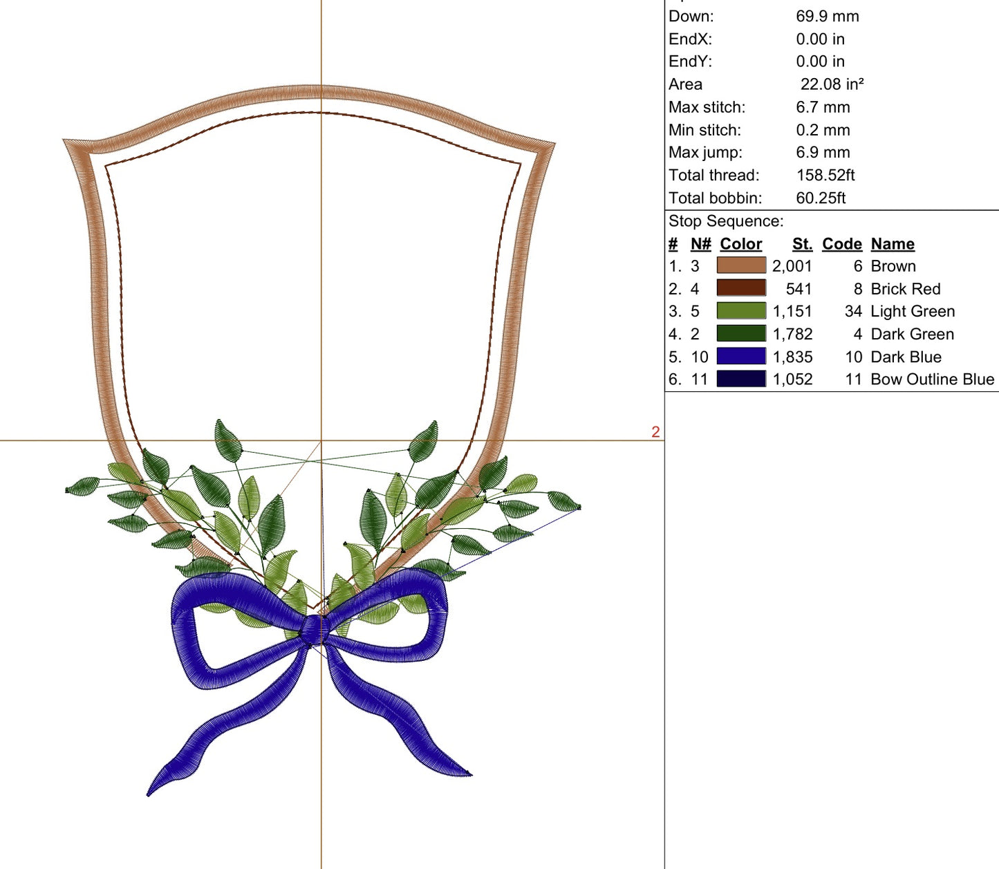 Crest with Flowy Bow and Leaves Digital Machine Embroidery File- Instant Download-5 SIZES-DGT, DST, EXP, HUS, JEF, PCS, PES, SEW, VP3 and XXX.
