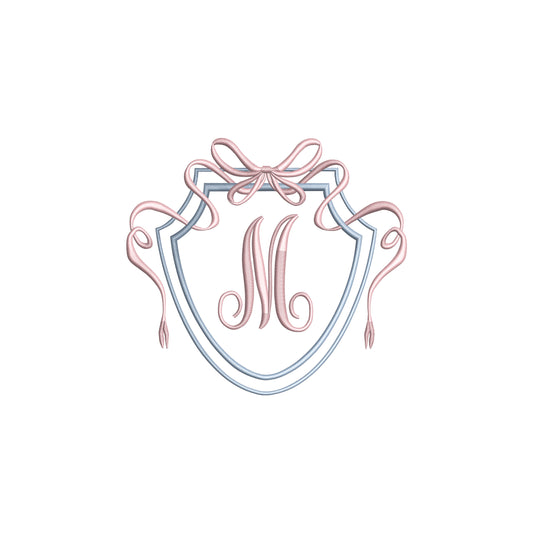 Vintage Double Crest with Flowy Bow Digital Machine Embroidery File- Download-5 SIZES
