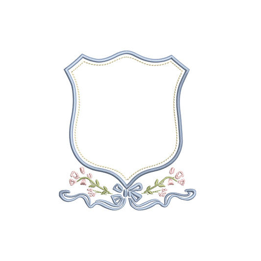 Floral Vintage Crest with Flowy Bow Digital Machine Embroidery File- Download- 3 SIZES