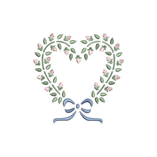 Vintage Floral Heart Shaped Wreath with Flowy Bow Digital Machine Embroidery File- Download- 5 SIZES