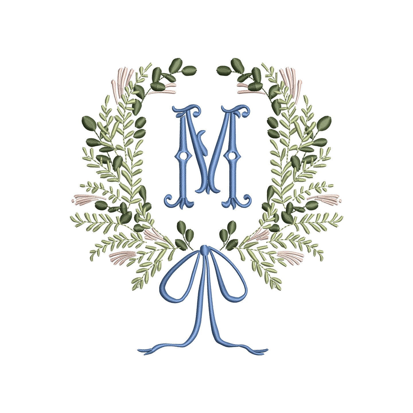 Monogram Frame Leaf Wreath with Flowy Bow Digital Machine Embroidery File- Download- 5 SIZES