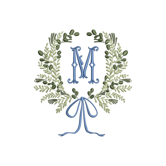 Monogram Frame Leaf Wreath with Flowy Bow Digital Machine Embroidery File- Download- 5 SIZES