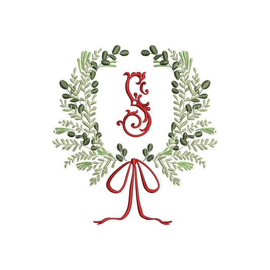 Monogram Frame Leaf Wreath with Flowy Bow Digital Machine Embroidery File- Download- 5 SIZES