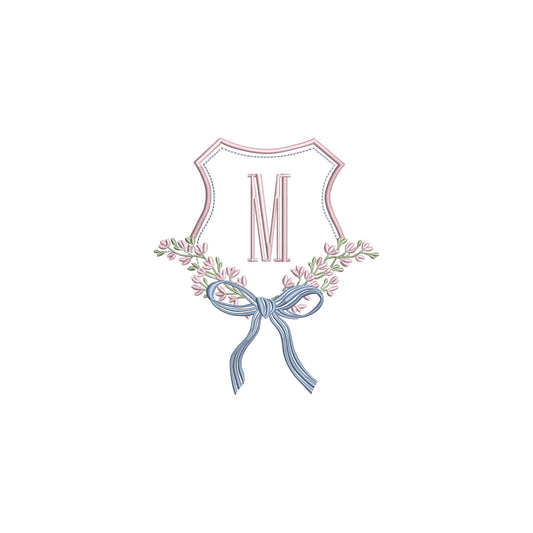 Vintage Floral Crest with Stripped Flowy Bow and Berries Digital Machine Embroidery File- Instant Download- Baby Lee Digital Design-5 SIZES-DST, PES, JAN, JEF, EXP, SEW, ART, PES, VP3, HUS, PCS, XXX, PEC