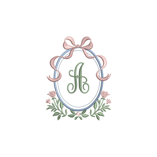 Floral Oval Frame with Flowy Bow Digital Machine Embroidery File- Download- 5 SIZES