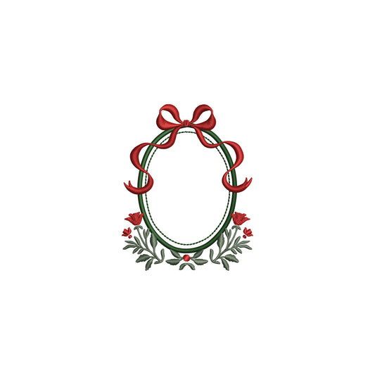 Floral Oval Frame with Flowy Bow Digital Machine Embroidery File- Download- 5 SIZES