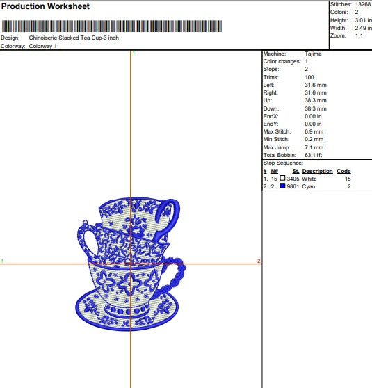 Chinoiserie Stacked Tea Cups- Digital Machine Embroidery File- Baby Lee Digital Design-Instant Download- 4 SIZES-HUS, SEW, XXX, DST, VP3, PES, JEF, EXP, and PCS.