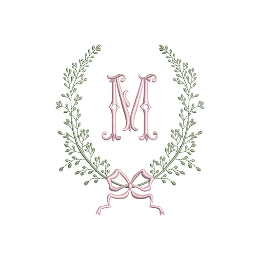 Vintage Monogram Frame Leaf Wreath with Flowy Bow Digital Machine Embroidery File- Download-5 SIZES